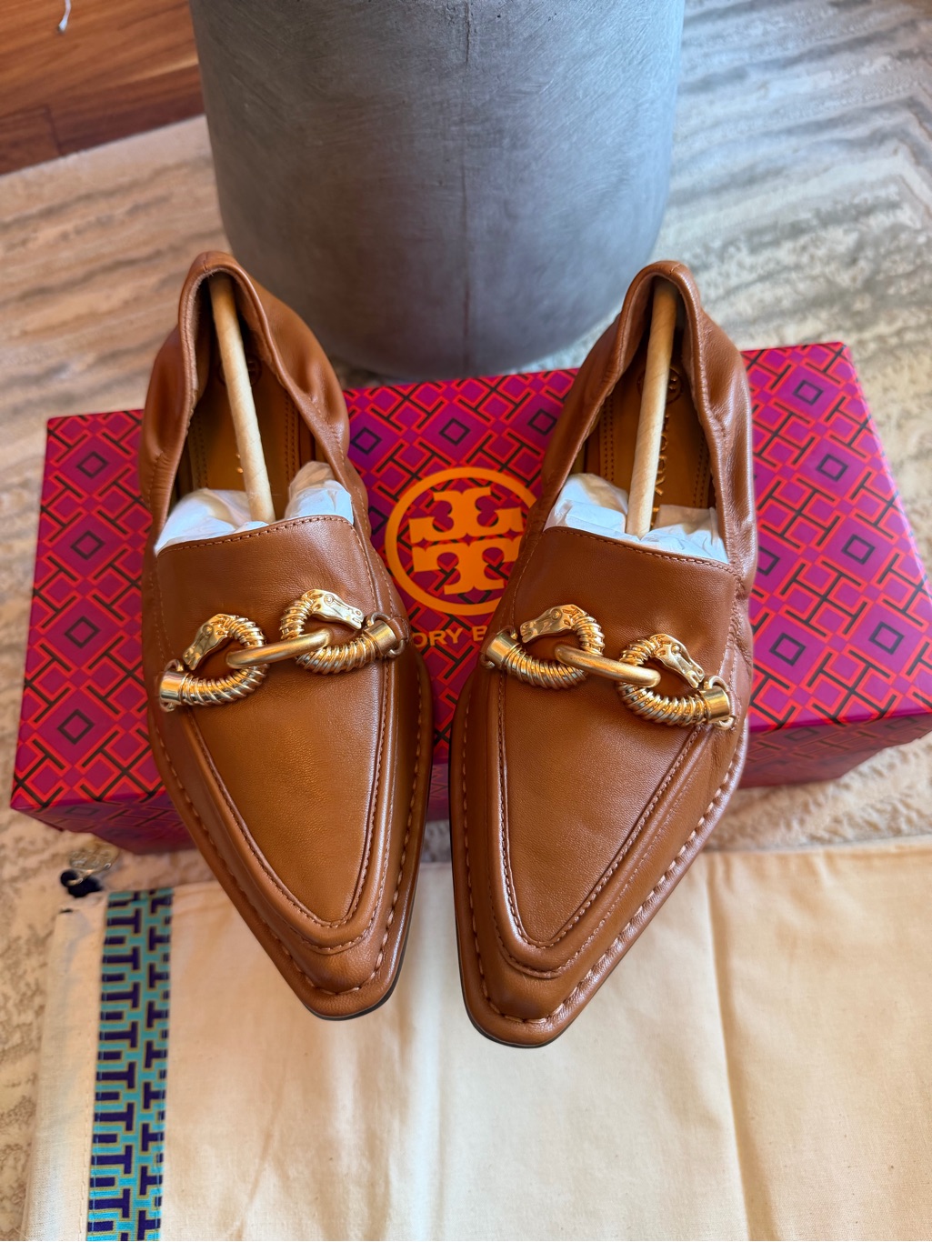 Tory Burch Jessa Pointy Toe Loafers With Gold Chain